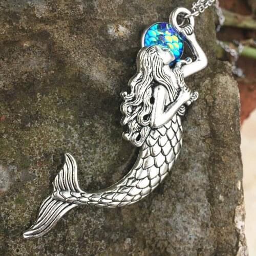 BULK 10pcs Beach Mermaid Pendant Necklace with Bule Scale 18" Stainless Steel Link Chain Women Girls Jewelry Gifts