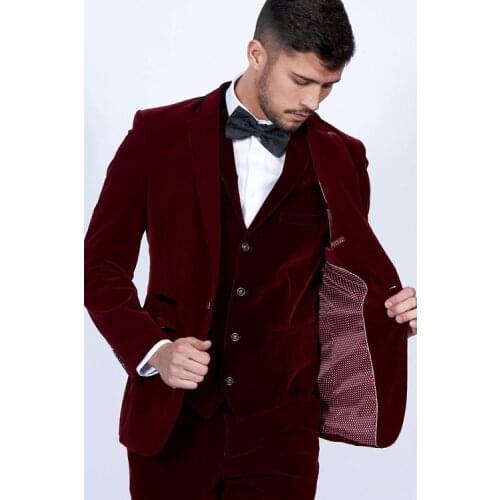 Jacket+Pants+Vest) Burgundy Wine Red 3 Piece Groom Tuexdos For Wedding Formal Prom Suit Party Evening Blazer Custom Made