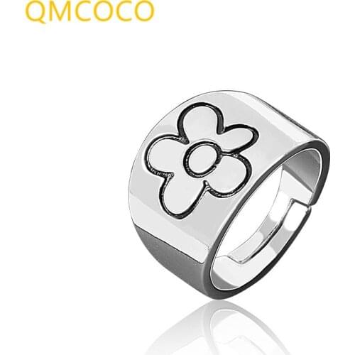 QMCOCO 925 Silver Geometric Flower Pattern Adjustable Ring Minimalist Fine Jewelry For Women Party Gift Decorations