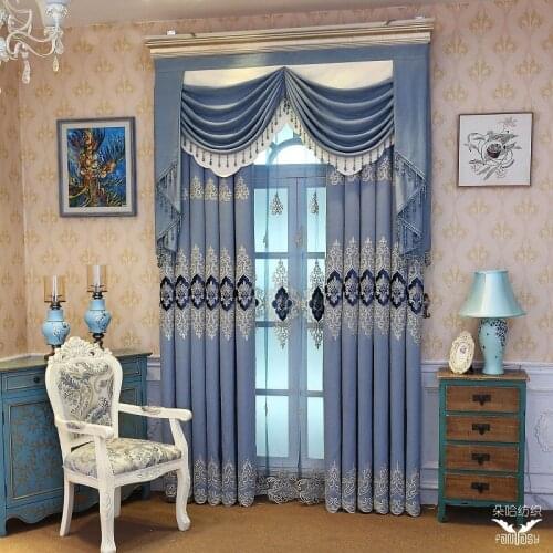 Blue Light Luxury European Embroidery Curtains for Living Room Bedroom Dining Room Valance Curtain Jacquard Curtain Decoration