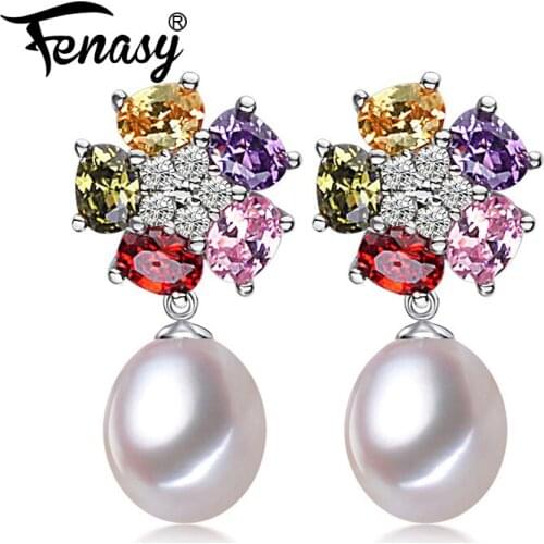 FENASY Pearl Jewelry Genuine Natural Pearl Earrings For Women 925 Sterling Silver Bohemian Ruby Flower Drop Earrings