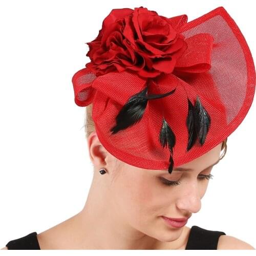 NEW Red Cocktail Hat Flowers Imitation Sinamay Fascinators Hats With Feather For Summer Kentucky Derby Wedding Party Race Event