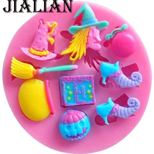 Halloween pumpkin witch shoes hats magic broom chocolate cake decorating tools DIY fondant silicone mold T0140