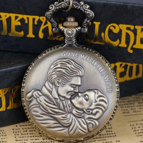 Vintage Gone Wind Classic Quartz Pocket Watch Retro Bronze Necklace Pendant Chain Art Collectibles Gifts