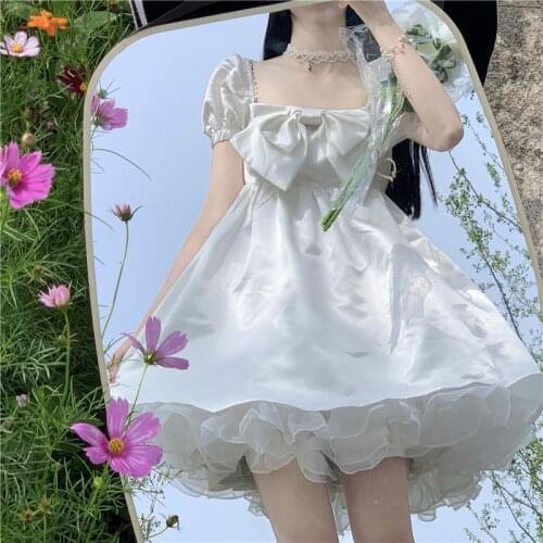 Japanese Sweet Girl Lolita Dress Cute Square Collar Bow Puff Sleeve White Lace Princess Dress Kawaii Summer Mini Puffy Dresses