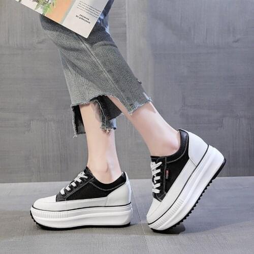 Wedges Shoes for Women Platform Sneakers High Heels New Breathale Mesh Real Leather Vulcanize Shoes Black White Sneakers Women