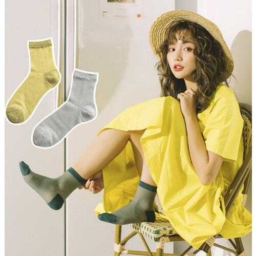 Johnature New Japanese Fashion Thin Breathable Striped Socks Women 2021 Autumn Vintage Solid Color 5 Pairs/lot Female Socks