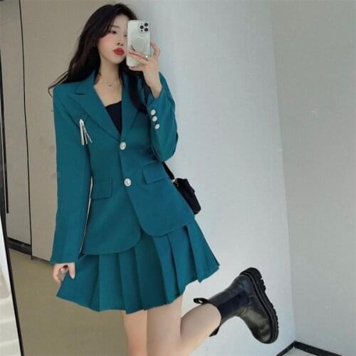 2021autumn winter Women Diamond brooch suit jacket Tops +Pleated Skirt Suits Casual Mini Skirt Sets 2 Pieces Suits