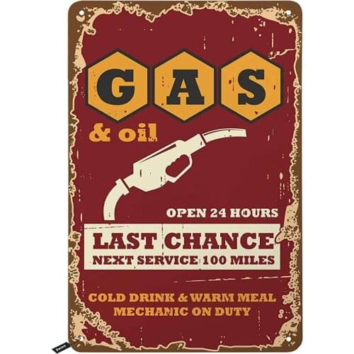 Gas Oil Service Tin Signs,Open 24 Hours Next Service 100 Miles Vintage Metal Tin Sign for Men Women,Wall Decor for