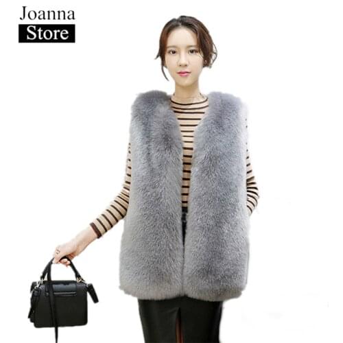 Winter New Women Faux Fox Fur Vest Slim Long Thick Fluffy Pink Coats Fake Fur Autumn Furry Jackets Plus Size Ladies White Gilet