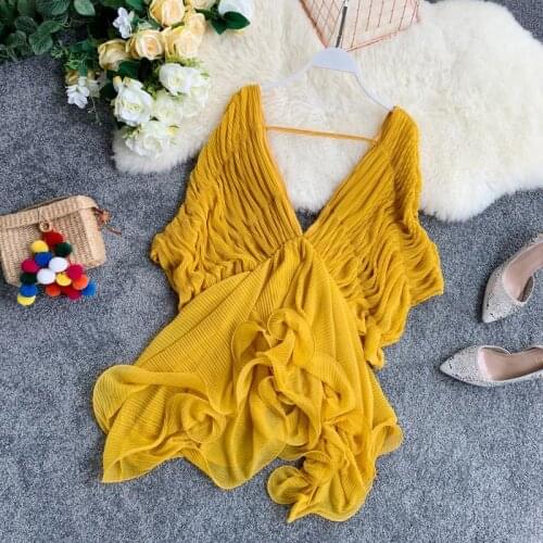 2021 Summer Women Batwing Sleeve V-Neck Basic Ruffles Shirt Lady Short Elastic Slim Waist Pullover Irregular Chiffon Blouse Tops