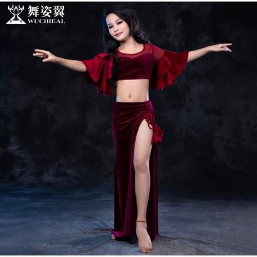 Ruffle Sleeve velvet gauze Belly dance Long Placketing Skirt 2pcs set for little girl/children, costume performance wear RT178