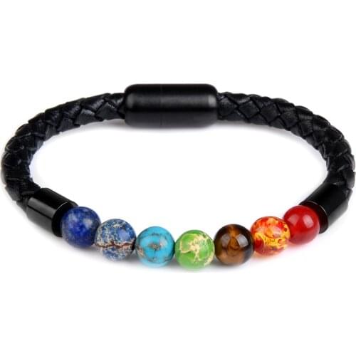 7 Chakra Stainless Steel Bracelets Natural Stone Genuine Leather Magnetic Clasp Ethnic Style Charm Bangles For Men