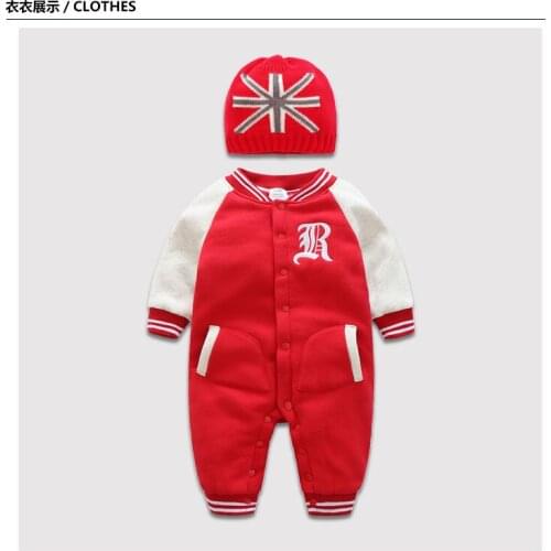 Childrens clothing infant double thickening ha garments Baby romper suit fleece long-sleeved suit Red baseball uniform clothing