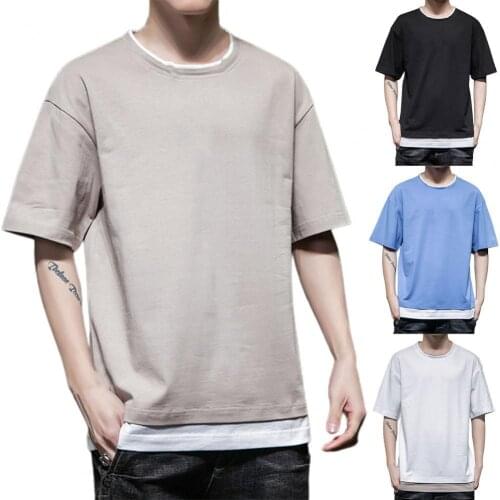 2021 Summer New Men T-shirt Fake Two Piece Solid Color Summer Short Sleeve Round Neck Top plus size short sleeve Pullovers M-3XL