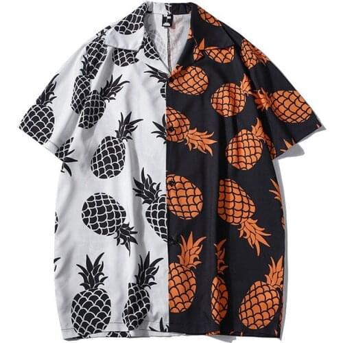 Mens Hawaiian Beach Shirts Summer New Vintage Korean Shirts Fashion Black White Patchwork Pineapple Printed Short Sleeve Shirt