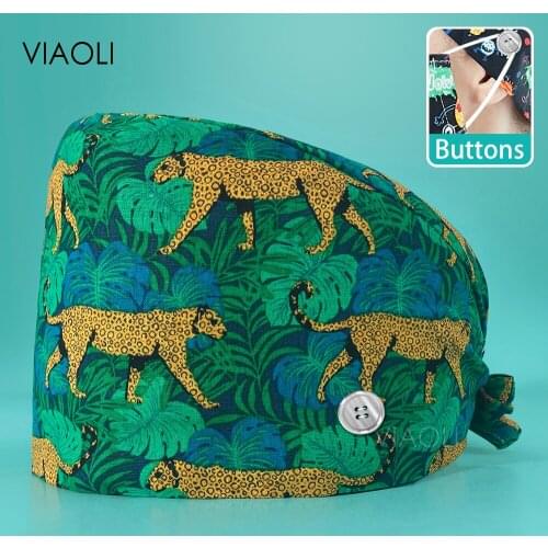 Animal Printing Unisex Cotton Built-in Sweat Towel Surgical Caps Woman Pet Shop Cleaning Service Scrubs Cap Nurse Hat Wholesale