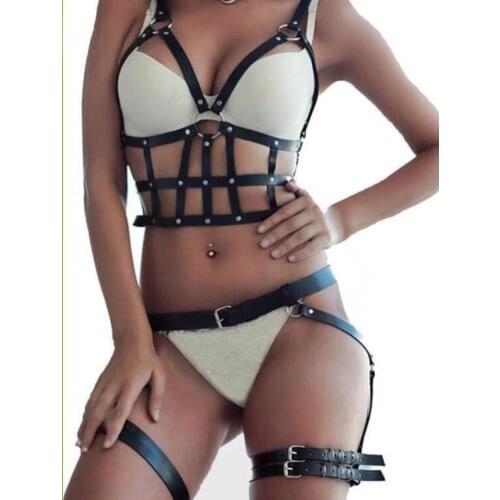 2020 New Sexy Leather Harness Underwear Set goth Garter Belts Women Straps Bra Garter Body Belts Waist To Leg Bondage Cage