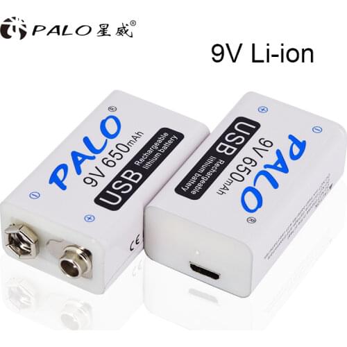 PALO 2pc 650mAh 9V 6F22 Li-ion Lithium Rechargeable Battery for Electronic Smoke Guitar Multimeter Microphone Toy Remote Control