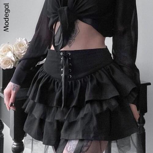 Modegal Womens Gothic Black Lace Up Mini Skirts High Waisted A Line Patchwork Ruffle Mesh Hem Short Skirt Clubwear