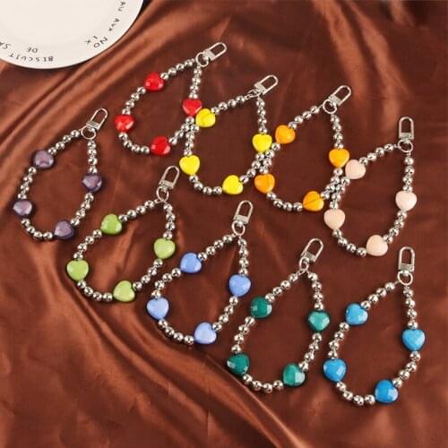 Fashin Heart Bead Chain keyring Cute Resin Striped Heart Keychains for Women Couple Backpack Car Pendant Key Holder Gifts