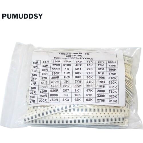 2000PCS 10 Ohm-910K Ohm 1206 SMD Resistor Kit Assorted Set 5% 80values*25PCS SMD Resistors 10K 470/100/680 Ohm Resistance Pack