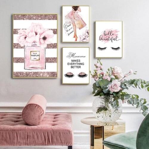Modern Tables Wall Pink Girl Room Decoration Picture Flower and Perfume Fashion Poster Eyelash Lips Makeup Canvas Art Painting