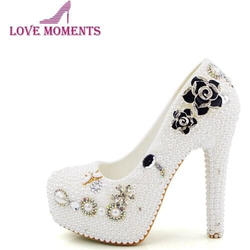 New Handmade White Pearl Women Pumps Nightclub High Heel Shoes Wedding Bridal Dress Shoes with Beautiful Flower Large Size