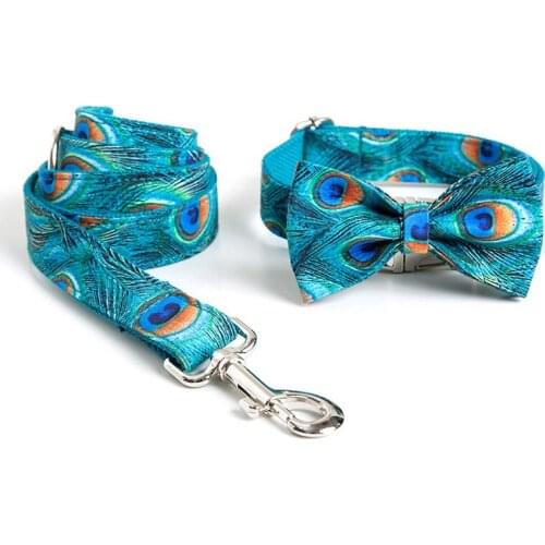 Pet Dog Collar and Leash Set Custom Personalized Dog Collar with Bow Luxury Peacock Pattern Designer Collar for Dog Metal Buckle