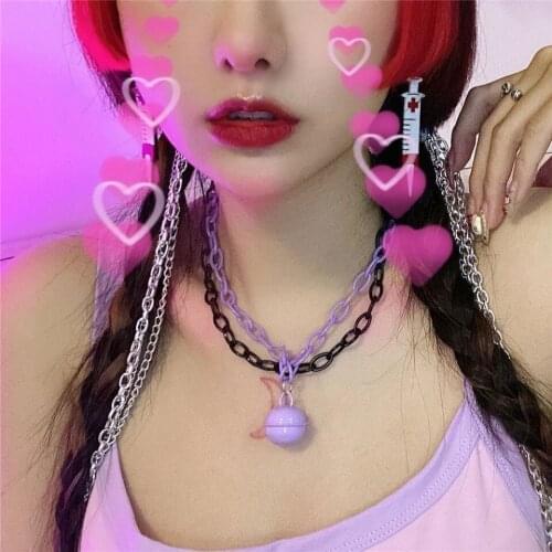 Pink Bell pendant necklaces for egirls purple red chain necklaces for teenage girls y2k jewelry harajuku cute club accessories