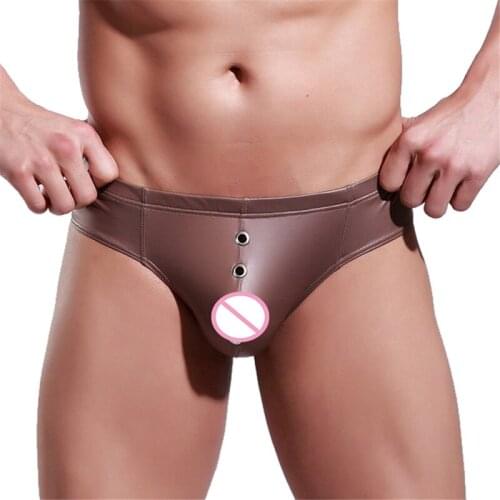 Sexy Mens Underwear Gay Men G-Strings Thongs Faux Leather Front Hole Erotic Jockstrap Male Sissy Panties Underpants Penis Pouch