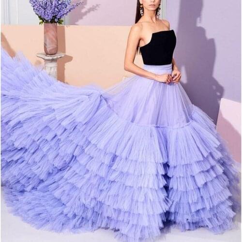 Extra Puffy Evening Dresses Lavender Tiered robe de soiree abendkleider vestido de fiesta Long Train Evening Dress Strapless