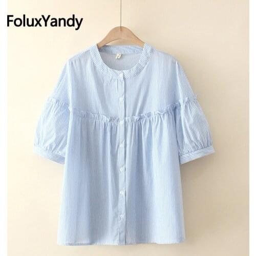 Ruffles Shirt Plus Size Women Summer Blouse O-neck Loose Casual Short Sleeve Shirts KKFY5513