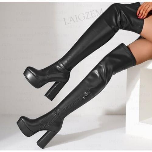 LAIGZEM Women Over Knee High Boots Side Zip 11.5CM Thick Block Heels Elastic Tall Boots Ladies Shoes Woman Big Size 37 39 42 43