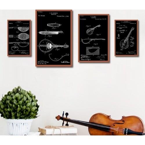 Music Instrument Blueprint Art Canvas Painting Four Mandolin Patent Posters Vintage Prints Musician Gifts Music Room Wall Decor