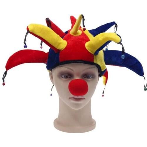 Hot Sale Kids Adults Colorful Halloween Party Jester Clown Hat With Small Bell With Red Nose Carnival Funny Cap Hat for cosplay
