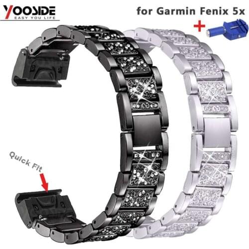 26mm Quick Fit Watch Replacement Metal Rhinestone Bling Adjustable Bands Bracelet for Garmin Fenix 5X/3(Not Fit Fenix5/5S)Women