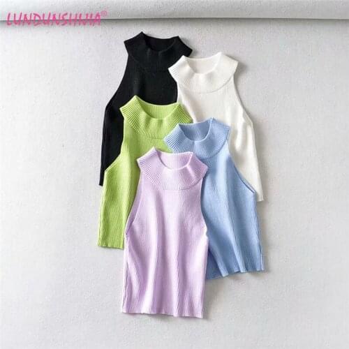 LUNDUNSHIJIA 2021 Summer Streetwear Sleeveless Crop tops Women Fashion Kintting Solid Soft Fitness Tank Tops 5 Colors