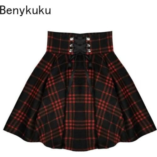 Autumn Winter Harajuku Women Fashion Plaid Skirts Girls Cute Black Red Pleated Skirt Punk Style High Waist Mini Short Tutu Skirt