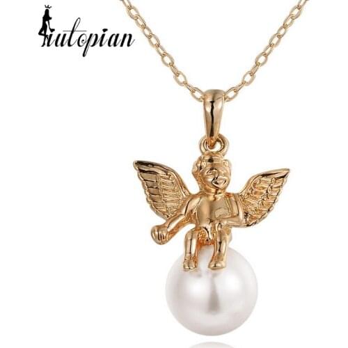 Iutopian Wings Of Angel Pendant Necklace Colar Jewlery With Simulated Golden Pearl Jewelry #RA31048