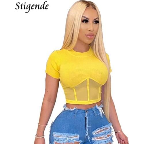 Stigende Sexy Patchwork Mesh Skinny Shirts for Women Fashion O Neck Ribbed T Shirt Casual Solid Short Sleeve Crop Top T Shirt