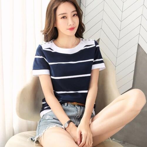 2021 Summer T Shirt Women Tops Fashion Button Striped Short Sleeve Tee Shirts Femme O-neck Thin Cotton Casual Top