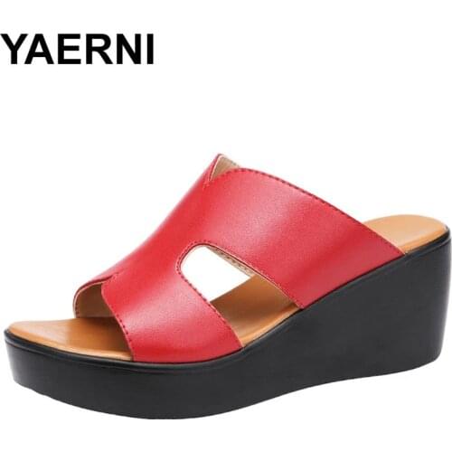 YAERNI Summer 2021 New Peep Toe White Sandals Women Platform Wedges Heel High Heel Fashion Red Slippers
