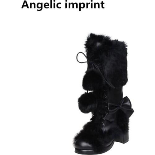 Angelic imprint mori girl Women winter boots lady lolita ankle Boots woman princess high heels shoes real rabbit hair 33-47 8009