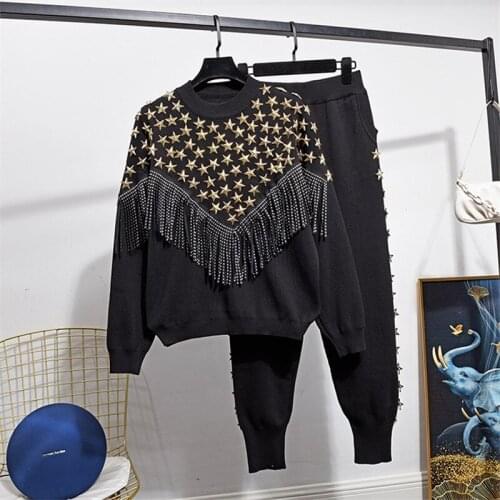 Black Knitted Tracksuit Women Outfits Fashion Chain Tassel Knit Sweater Pencil Pants 2 Piece Set Female Loose Casual Knit Suit