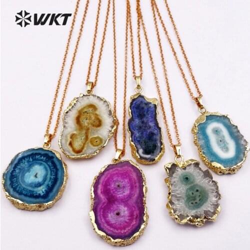 WT-N1107 WKT New Arrival Necklace Geometric Shape Natural Stone Pendant Necklace With Gold Trim Women Fashion Necklace
