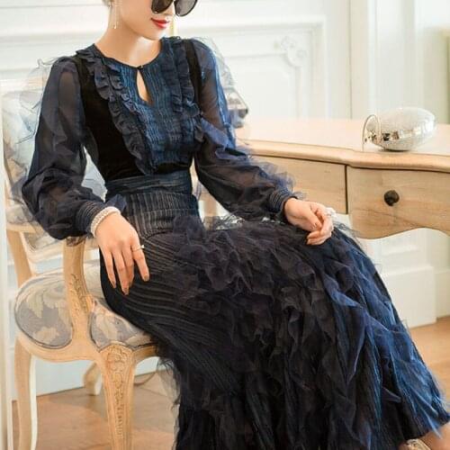 2021 High-End New Temperament Evening Banquet Elegant Slim Loose Summer Women Vestido Vfemage Vintage Long Dresses Kadife Elbise