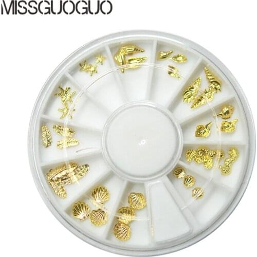 Gold and silver Nail Studs 3D Nail Art Decoration shell Feather Starfish Mixed Accessories in Wheel for DIY nails