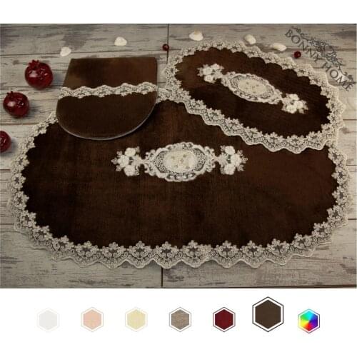 Bonny Home Lisa Brown 3 Pieces Plush Bath Mat Non Slip Leather Based Machine Washable Lacy Rug Set