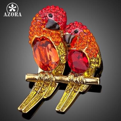 AZORA Two Red Bird Gold Color Gorgeous Crystal Fashion Costume Pin Brooch TP0009
